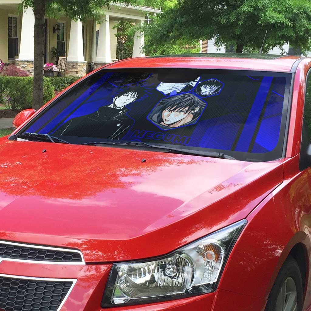 Megumi Fushiguro Jujutsu Kaisen Blue Hexagon Design Auto Sun Shade with Shadow Techniques and Manga Style Art - The Mazicc