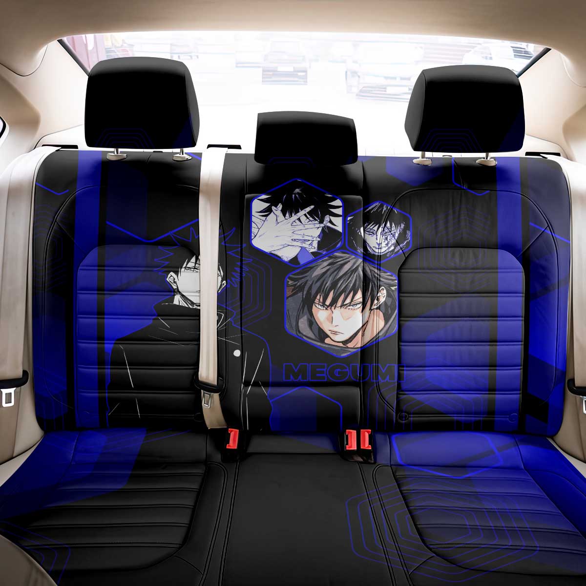 Megumi Fushiguro Jujutsu Kaisen Blue Hexagon Design Back Car Seat Cover with Shadow Techniques and Manga Style Art - The Mazicc