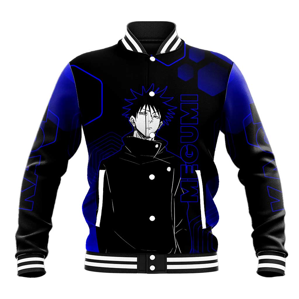 Megumi Fushiguro Jujutsu Kaisen Blue Hexagon Design Baseball Jacket with Shadow Techniques and Manga Style Art - The Mazicc