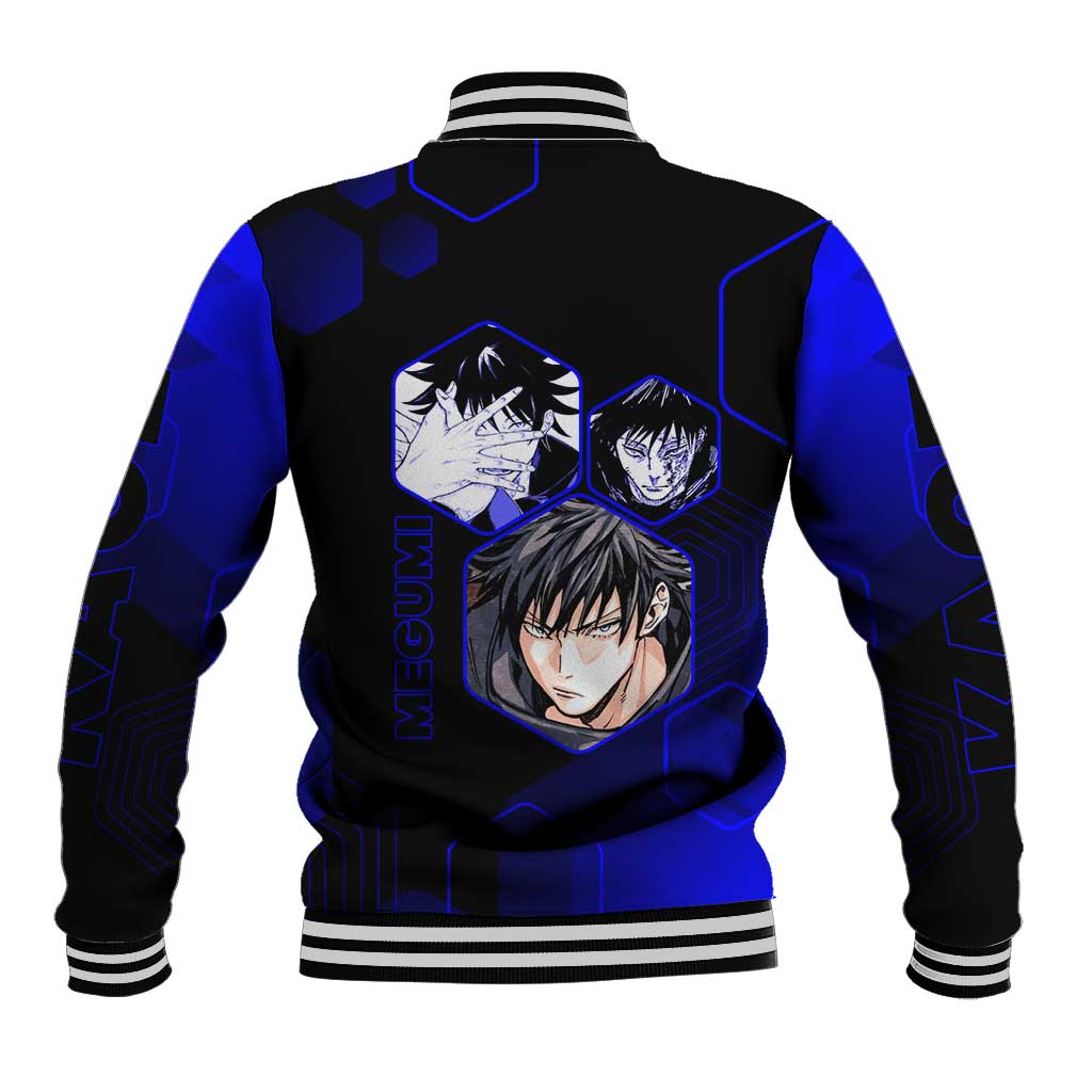 Megumi Fushiguro Jujutsu Kaisen Blue Hexagon Design Baseball Jacket with Shadow Techniques and Manga Style Art - The Mazicc