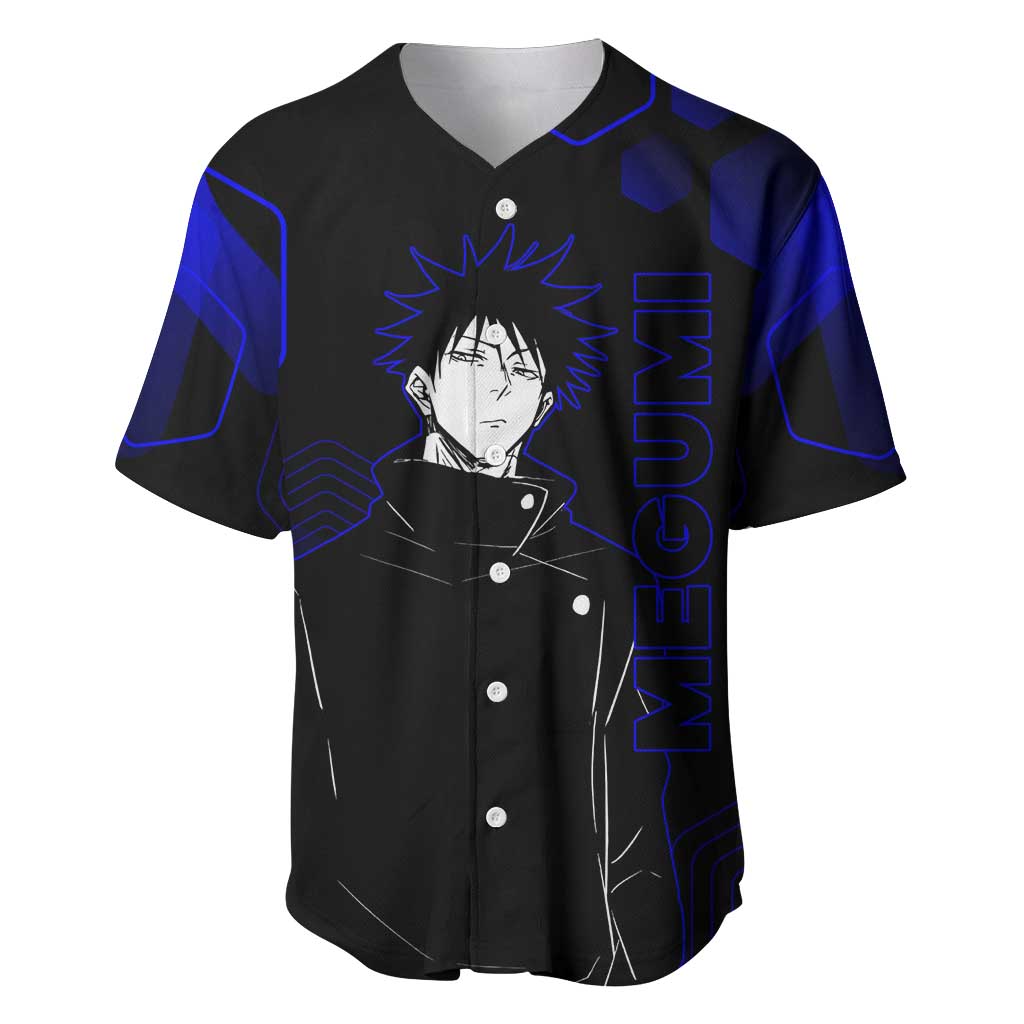 Megumi Fushiguro Jujutsu Kaisen Blue Hexagon Design Baseball Jersey with Shadow Techniques and Manga Style Art - The Mazicc