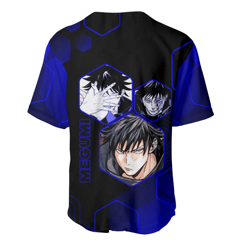 Megumi Fushiguro Jujutsu Kaisen Blue Hexagon Design Baseball Jersey with Shadow Techniques and Manga Style Art - The Mazicc