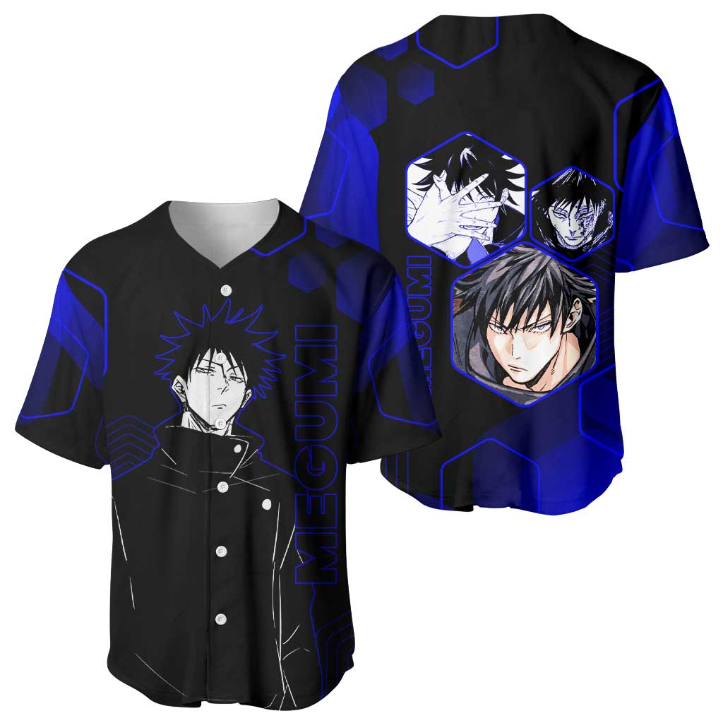 Megumi Fushiguro Jujutsu Kaisen Blue Hexagon Design Baseball Jersey with Shadow Techniques and Manga Style Art - The Mazicc