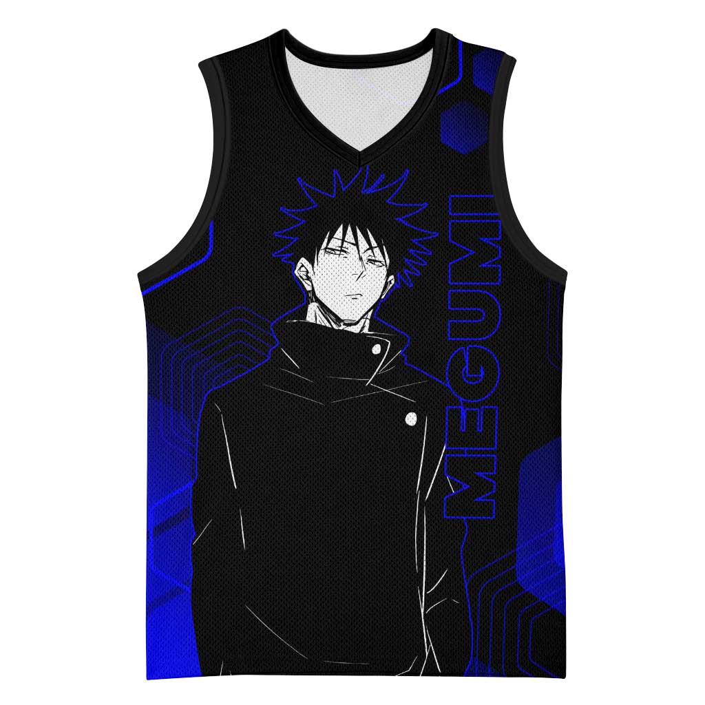 Megumi Fushiguro Jujutsu Kaisen Blue Hexagon Design Basketball Jersey with Shadow Techniques and Manga Style Art - The Mazicc
