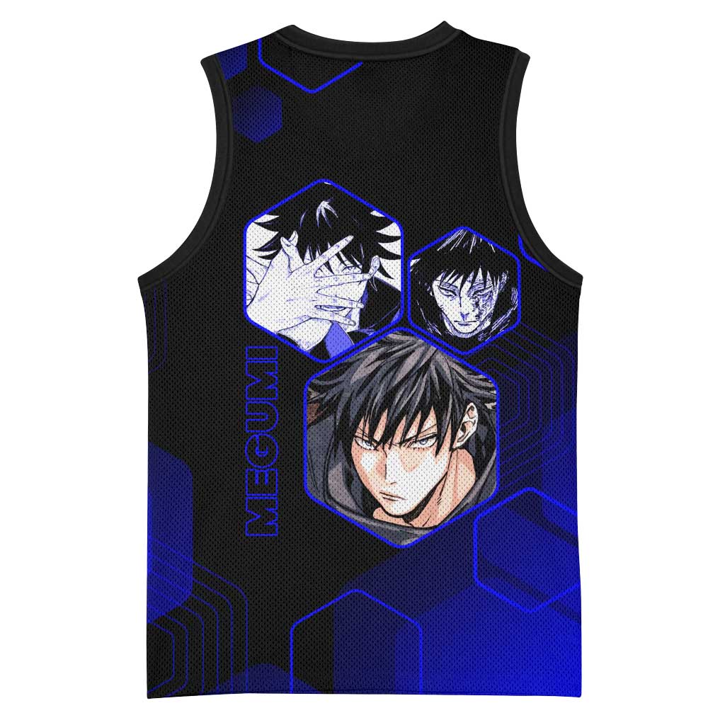 Megumi Fushiguro Jujutsu Kaisen Blue Hexagon Design Basketball Jersey with Shadow Techniques and Manga Style Art - The Mazicc
