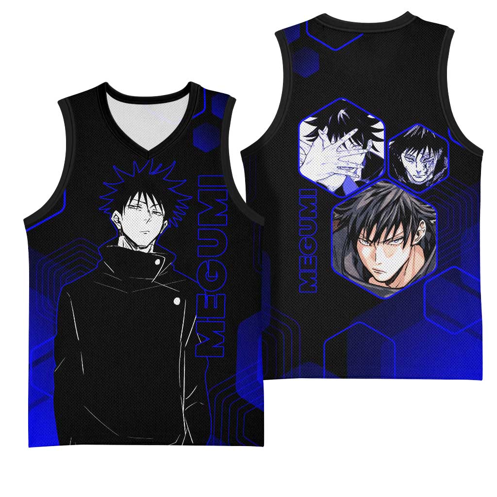 Megumi Fushiguro Jujutsu Kaisen Blue Hexagon Design Basketball Jersey with Shadow Techniques and Manga Style Art - The Mazicc