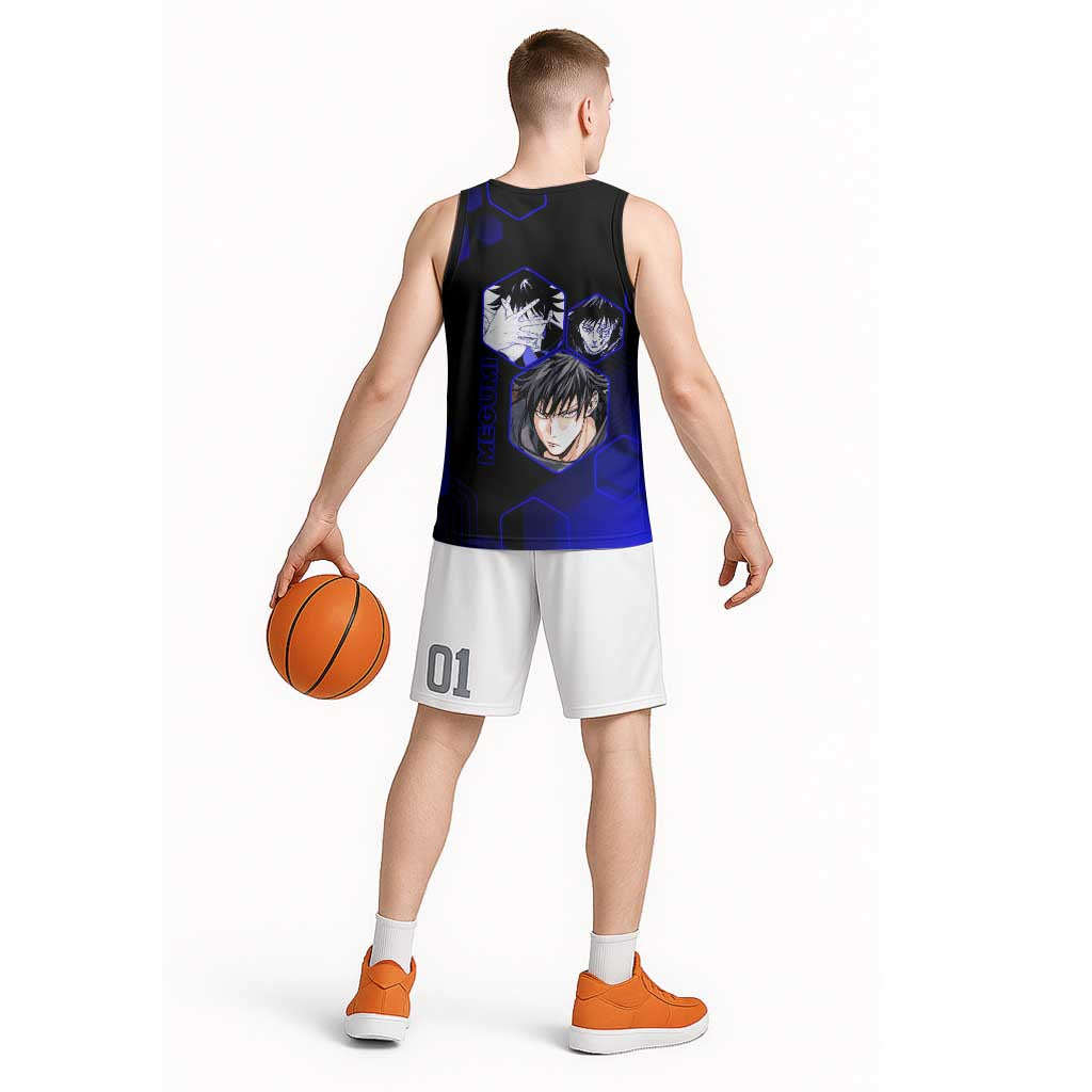 Megumi Fushiguro Jujutsu Kaisen Blue Hexagon Design Basketball Jersey with Shadow Techniques and Manga Style Art - The Mazicc
