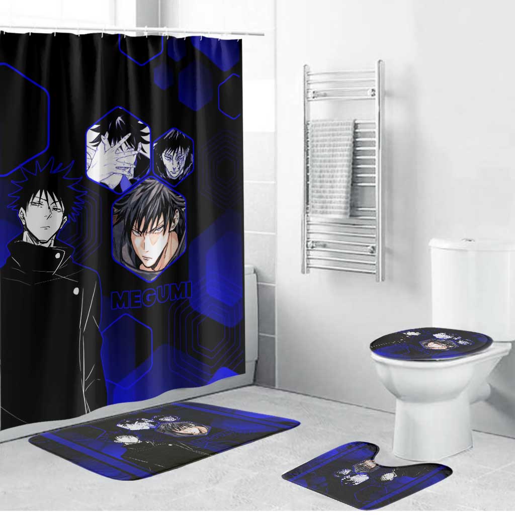 Megumi Fushiguro Jujutsu Kaisen Blue Hexagon Design Bathroom Set with Shadow Techniques and Manga Style Art - The Mazicc