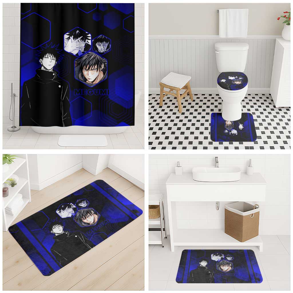 Megumi Fushiguro Jujutsu Kaisen Blue Hexagon Design Bathroom Set with Shadow Techniques and Manga Style Art - The Mazicc