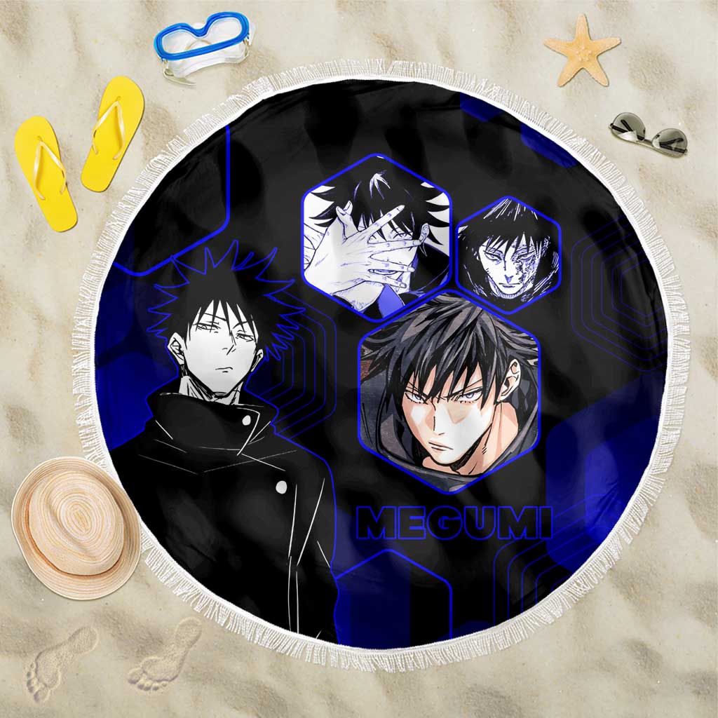Megumi Fushiguro Jujutsu Kaisen Blue Hexagon Design Beach Blanket with Shadow Techniques and Manga Style Art - The Mazicc