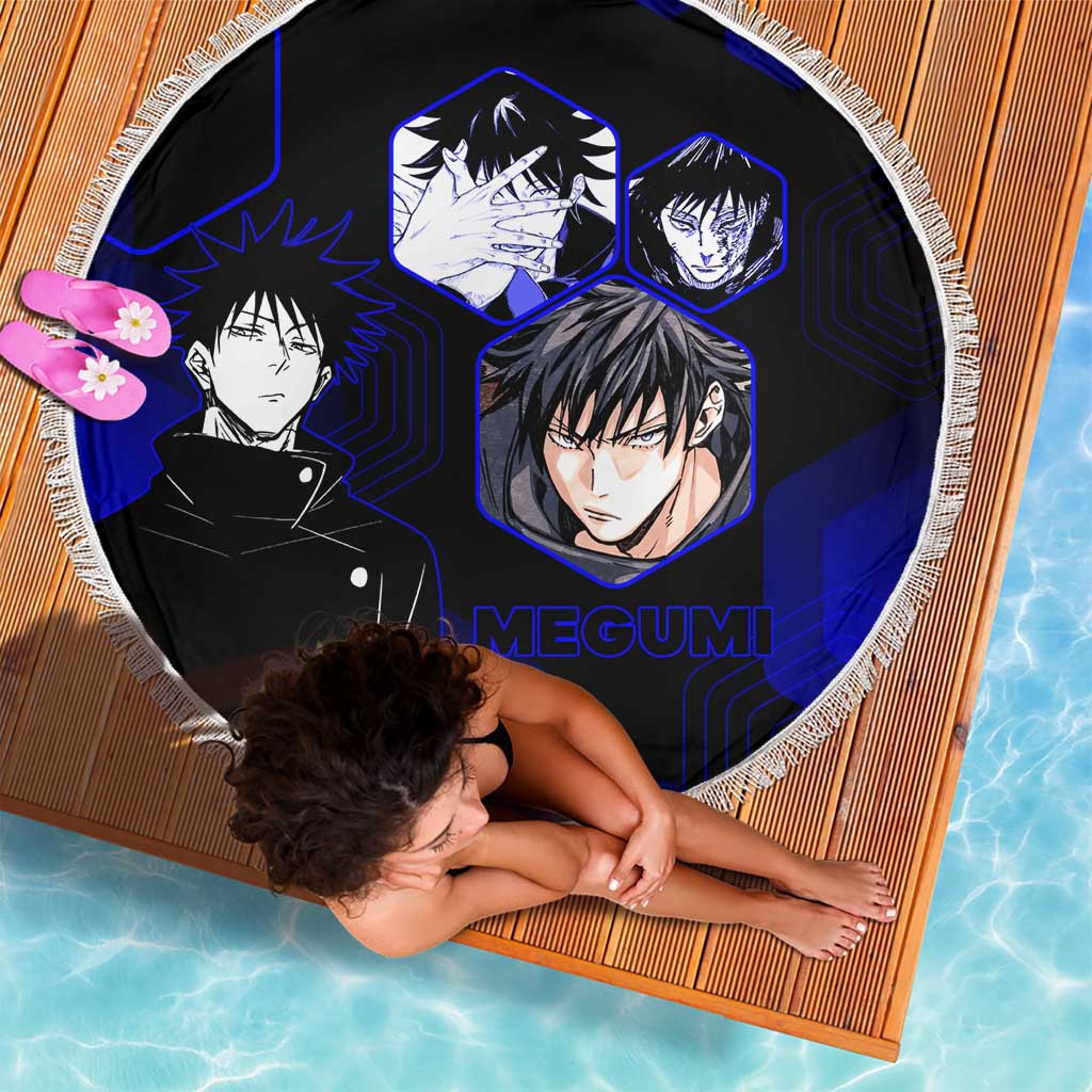 Megumi Fushiguro Jujutsu Kaisen Blue Hexagon Design Beach Blanket with Shadow Techniques and Manga Style Art - The Mazicc