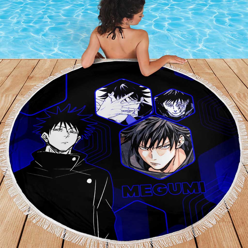 Megumi Fushiguro Jujutsu Kaisen Blue Hexagon Design Beach Blanket with Shadow Techniques and Manga Style Art - The Mazicc