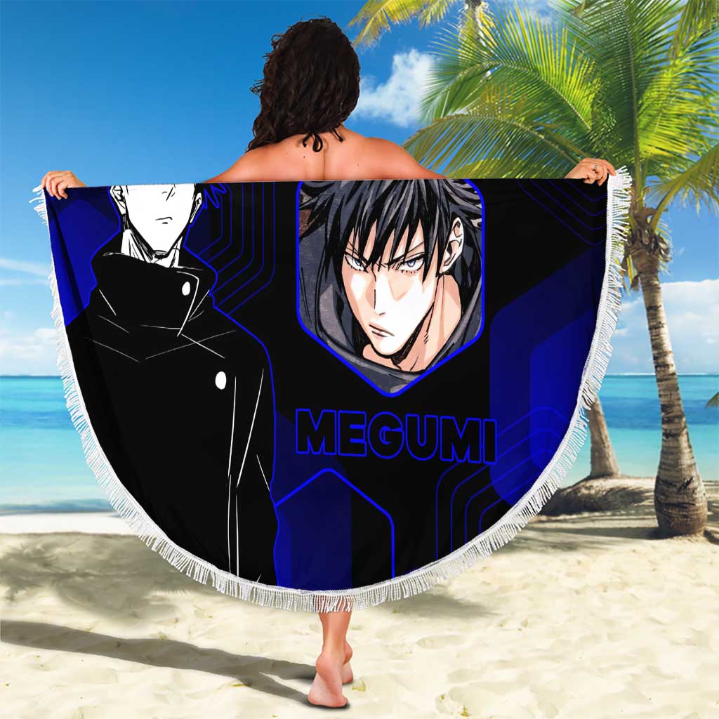 Megumi Fushiguro Jujutsu Kaisen Blue Hexagon Design Beach Blanket with Shadow Techniques and Manga Style Art - The Mazicc