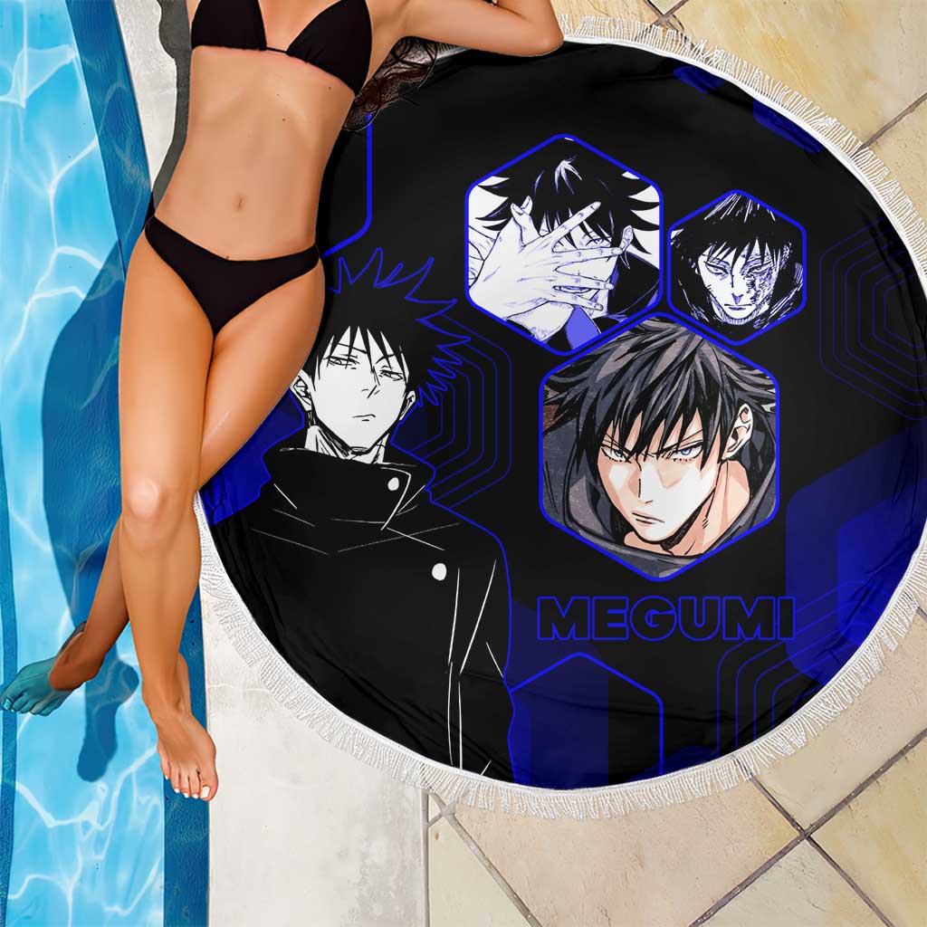 Megumi Fushiguro Jujutsu Kaisen Blue Hexagon Design Beach Blanket with Shadow Techniques and Manga Style Art - The Mazicc