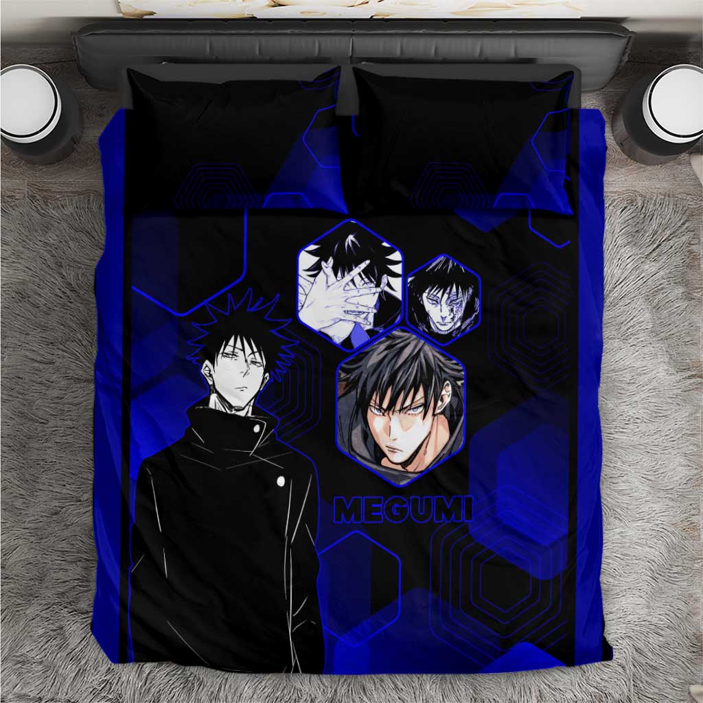 Megumi Fushiguro Jujutsu Kaisen Blue Hexagon Design Bedding Set with Shadow Techniques and Manga Style Art - The Mazicc
