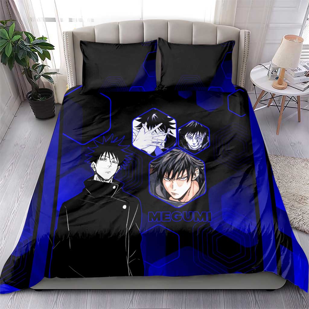 Megumi Fushiguro Jujutsu Kaisen Blue Hexagon Design Bedding Set with Shadow Techniques and Manga Style Art - The Mazicc