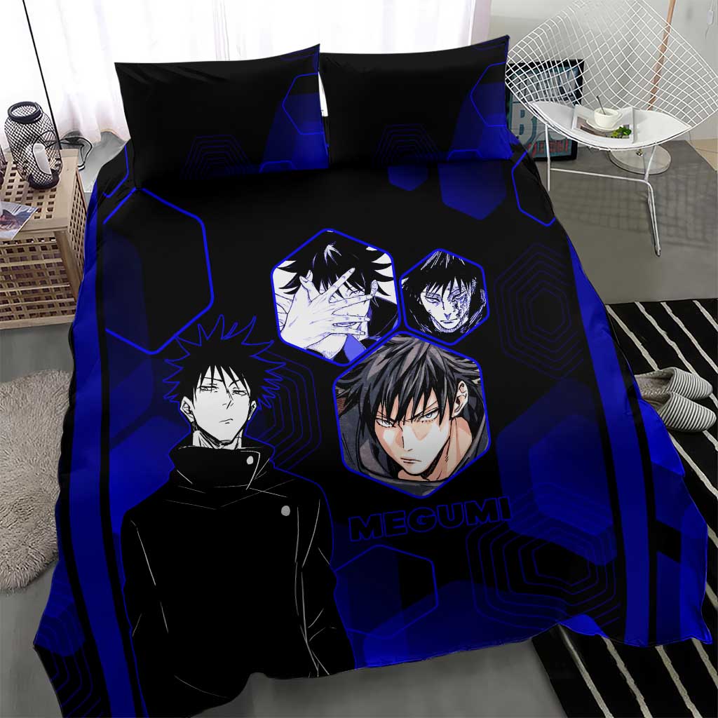 Megumi Fushiguro Jujutsu Kaisen Blue Hexagon Design Bedding Set with Shadow Techniques and Manga Style Art - The Mazicc