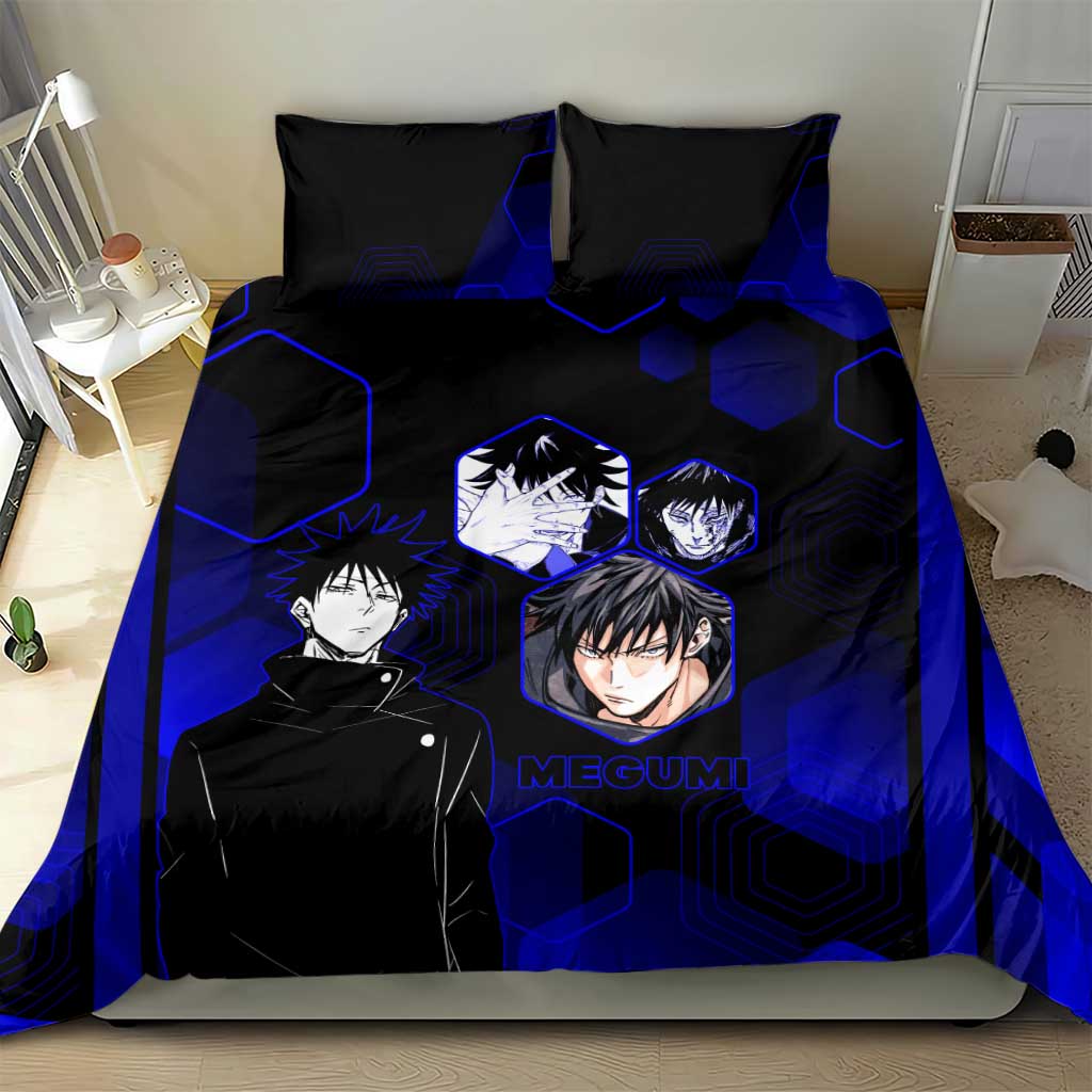 Megumi Fushiguro Jujutsu Kaisen Blue Hexagon Design Bedding Set with Shadow Techniques and Manga Style Art - The Mazicc
