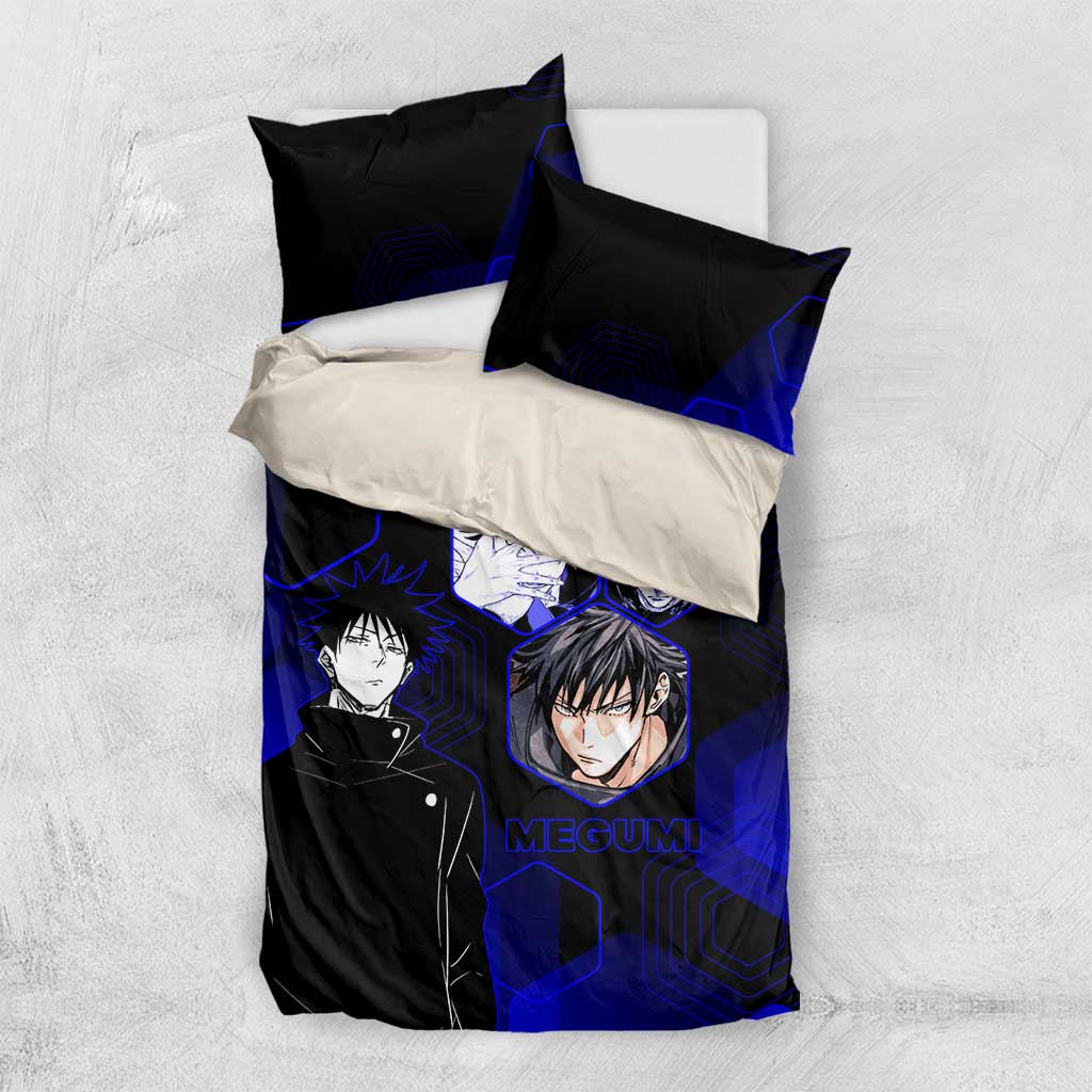 Megumi Fushiguro Jujutsu Kaisen Blue Hexagon Design Bedding Set with Shadow Techniques and Manga Style Art - The Mazicc