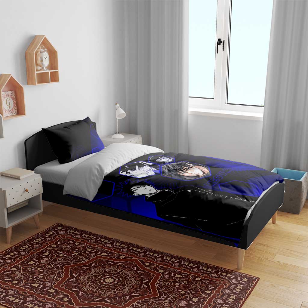 Megumi Fushiguro Jujutsu Kaisen Blue Hexagon Design Bedding Set with Shadow Techniques and Manga Style Art - The Mazicc