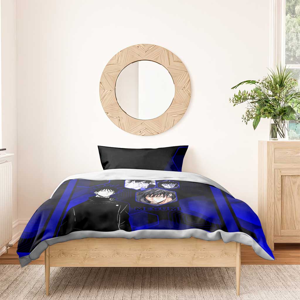 Megumi Fushiguro Jujutsu Kaisen Blue Hexagon Design Bedding Set with Shadow Techniques and Manga Style Art - The Mazicc