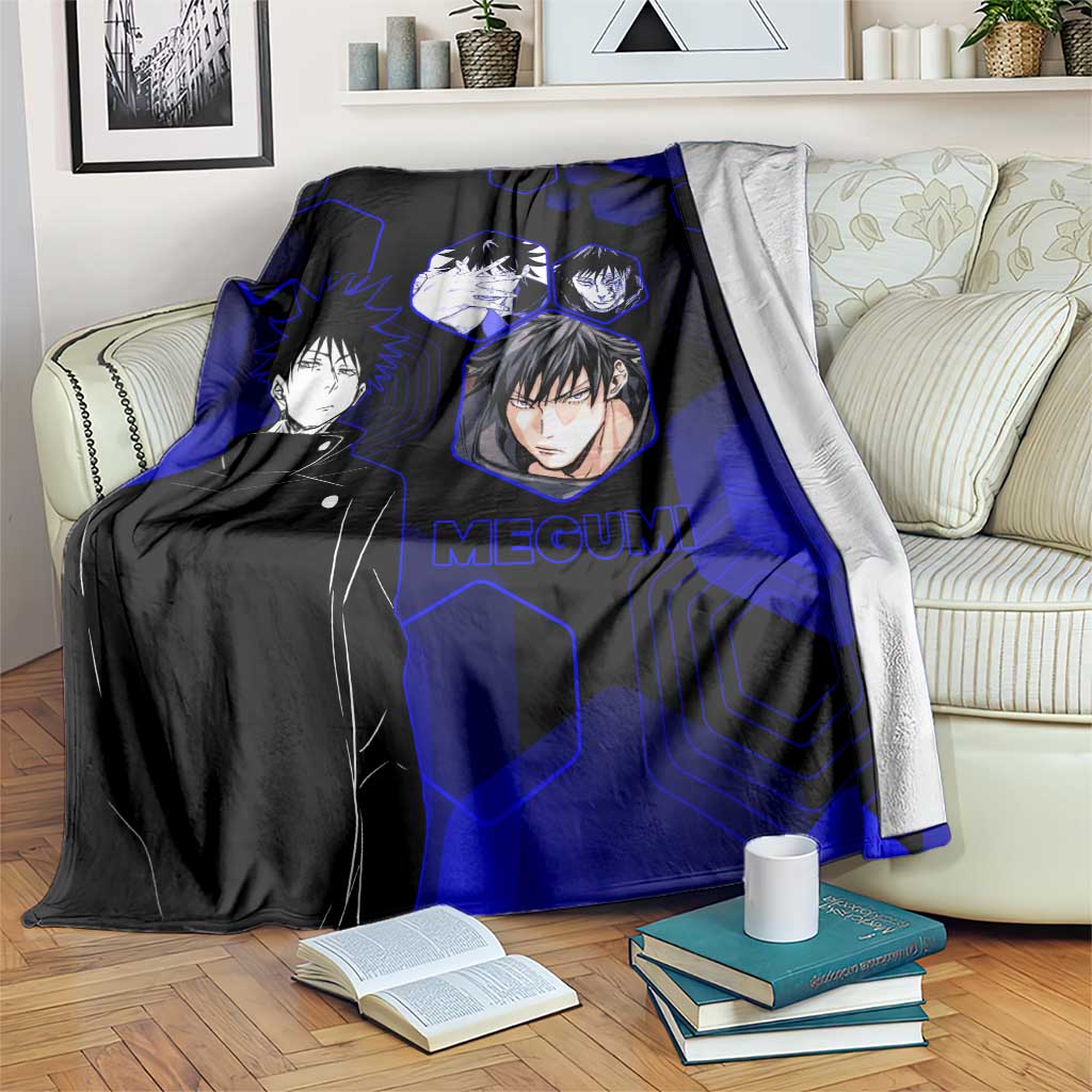 Megumi Fushiguro Jujutsu Kaisen Blue Hexagon Design Blanket with Shadow Techniques and Manga Style Art - The Mazicc