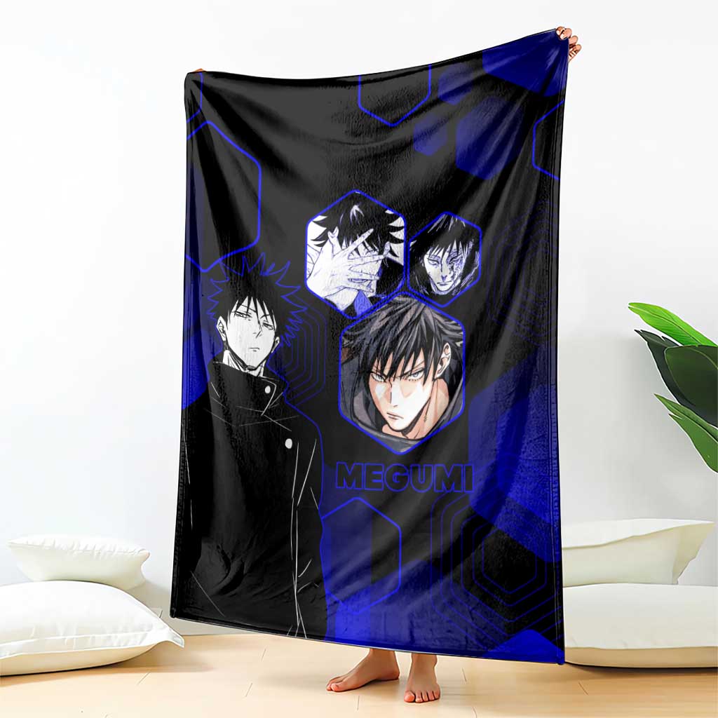 Megumi Fushiguro Jujutsu Kaisen Blue Hexagon Design Blanket with Shadow Techniques and Manga Style Art - The Mazicc