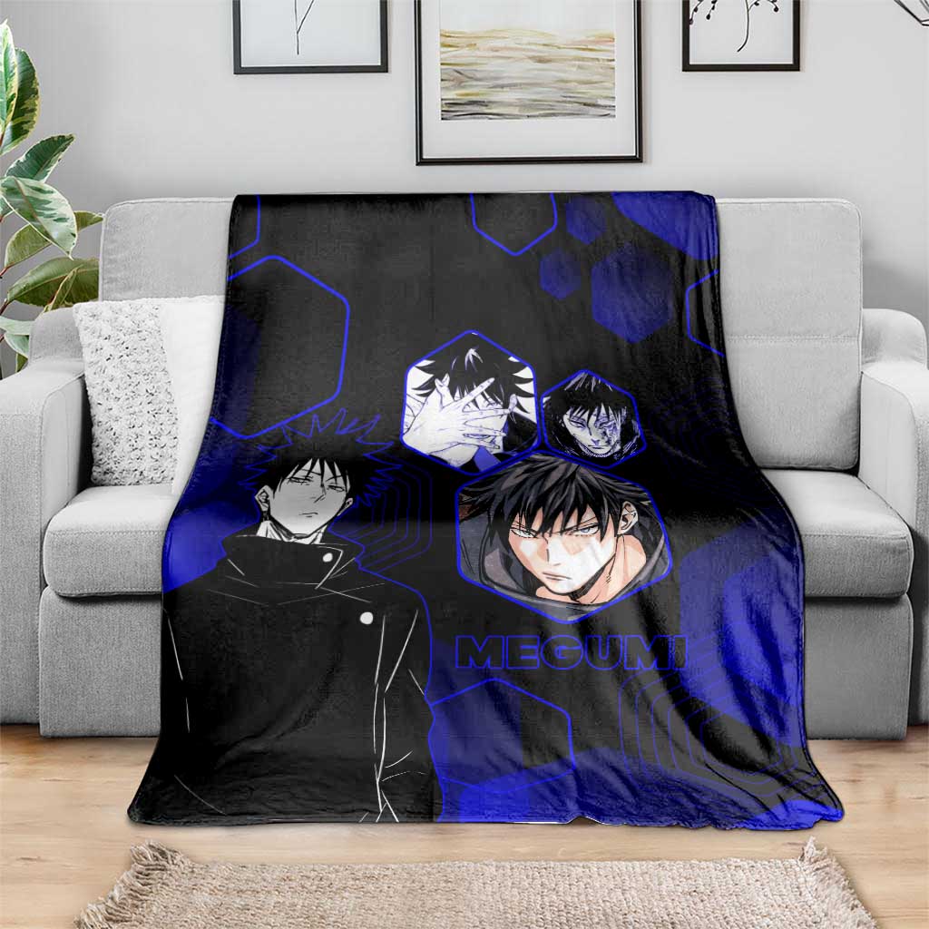Megumi Fushiguro Jujutsu Kaisen Blue Hexagon Design Blanket with Shadow Techniques and Manga Style Art - The Mazicc