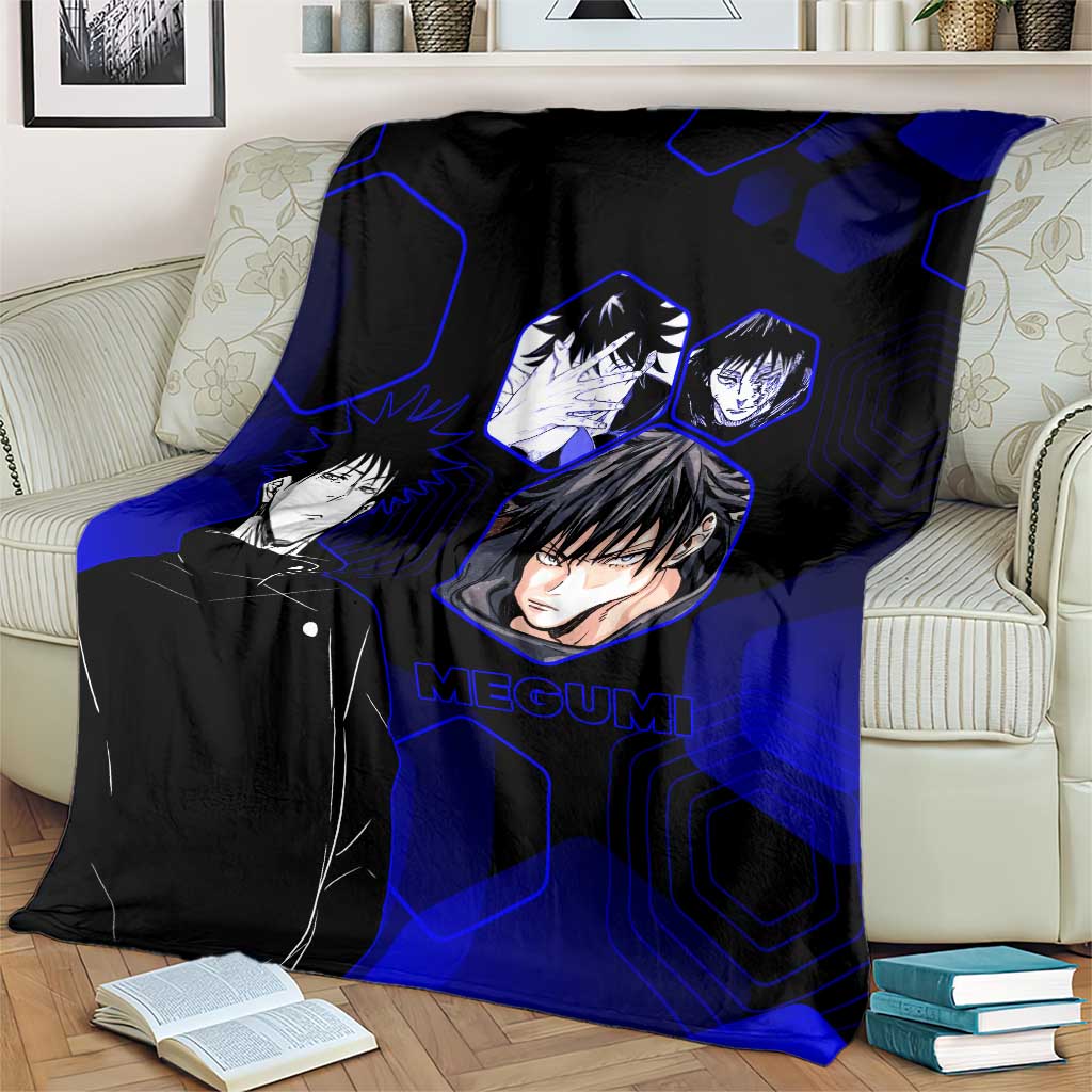 Megumi Fushiguro Jujutsu Kaisen Blue Hexagon Design Blanket with Shadow Techniques and Manga Style Art - The Mazicc