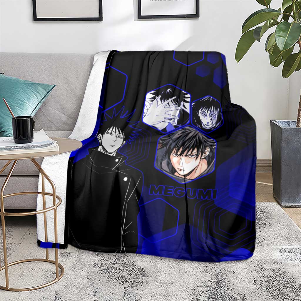 Megumi Fushiguro Jujutsu Kaisen Blue Hexagon Design Blanket with Shadow Techniques and Manga Style Art - The Mazicc