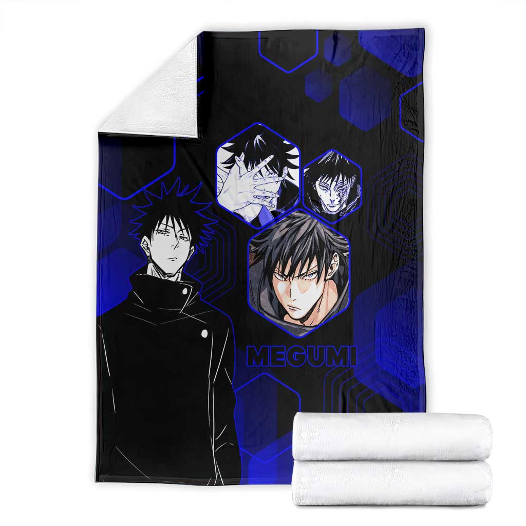 Megumi Fushiguro Jujutsu Kaisen Blue Hexagon Design Blanket with Shadow Techniques and Manga Style Art - The Mazicc