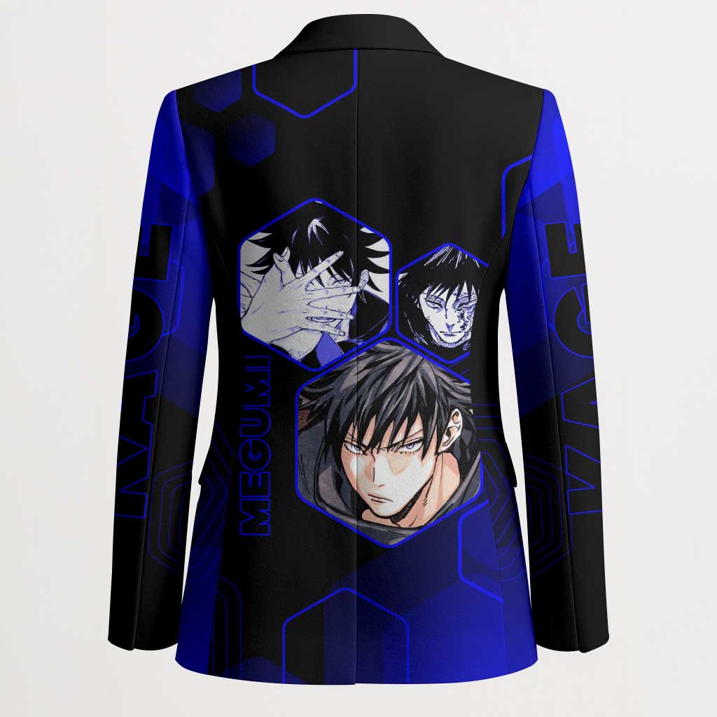 Megumi Fushiguro Jujutsu Kaisen Blue Hexagon Design Blazer with Shadow Techniques and Manga Style Art - The Mazicc