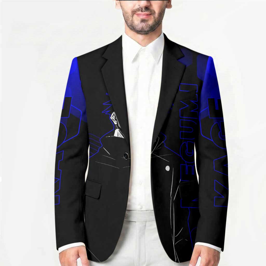 Megumi Fushiguro Jujutsu Kaisen Blue Hexagon Design Blazer with Shadow Techniques and Manga Style Art - The Mazicc