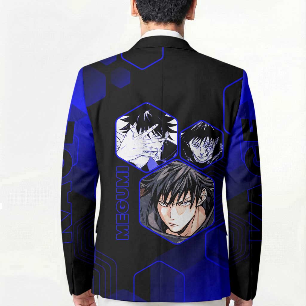 Megumi Fushiguro Jujutsu Kaisen Blue Hexagon Design Blazer with Shadow Techniques and Manga Style Art - The Mazicc
