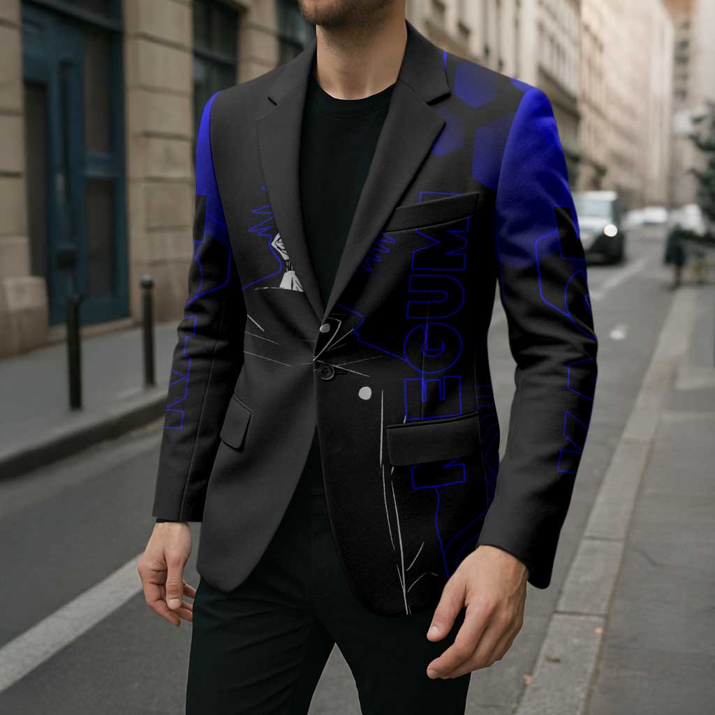 Megumi Fushiguro Jujutsu Kaisen Blue Hexagon Design Blazer with Shadow Techniques and Manga Style Art - The Mazicc