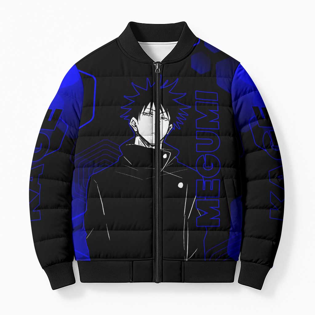 Megumi Fushiguro Jujutsu Kaisen Blue Hexagon Design Bomber Puffer Jacket with Shadow Techniques and Manga Style Art - The Mazicc
