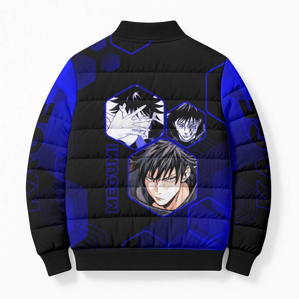 Megumi Fushiguro Jujutsu Kaisen Blue Hexagon Design Bomber Puffer Jacket with Shadow Techniques and Manga Style Art - The Mazicc