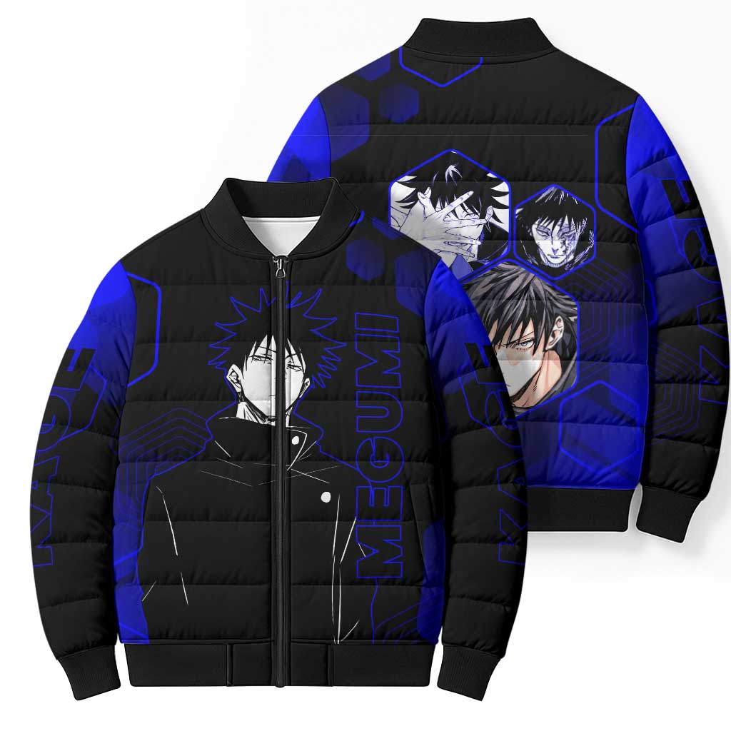 Megumi Fushiguro Jujutsu Kaisen Blue Hexagon Design Bomber Puffer Jacket with Shadow Techniques and Manga Style Art - The Mazicc