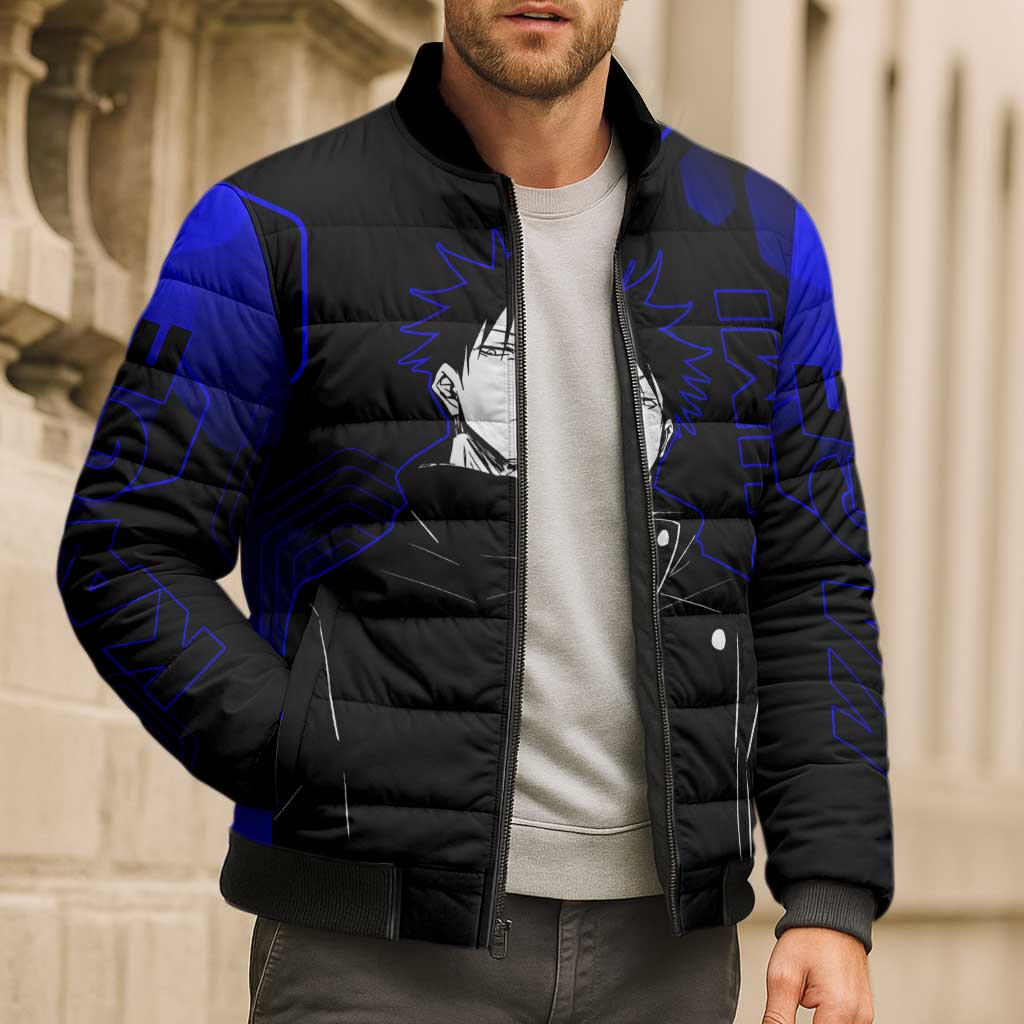 Megumi Fushiguro Jujutsu Kaisen Blue Hexagon Design Bomber Puffer Jacket with Shadow Techniques and Manga Style Art - The Mazicc