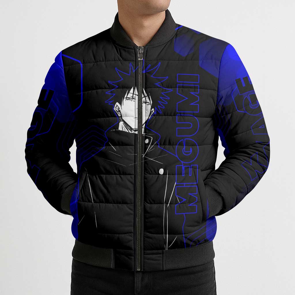 Megumi Fushiguro Jujutsu Kaisen Blue Hexagon Design Bomber Puffer Jacket with Shadow Techniques and Manga Style Art - The Mazicc