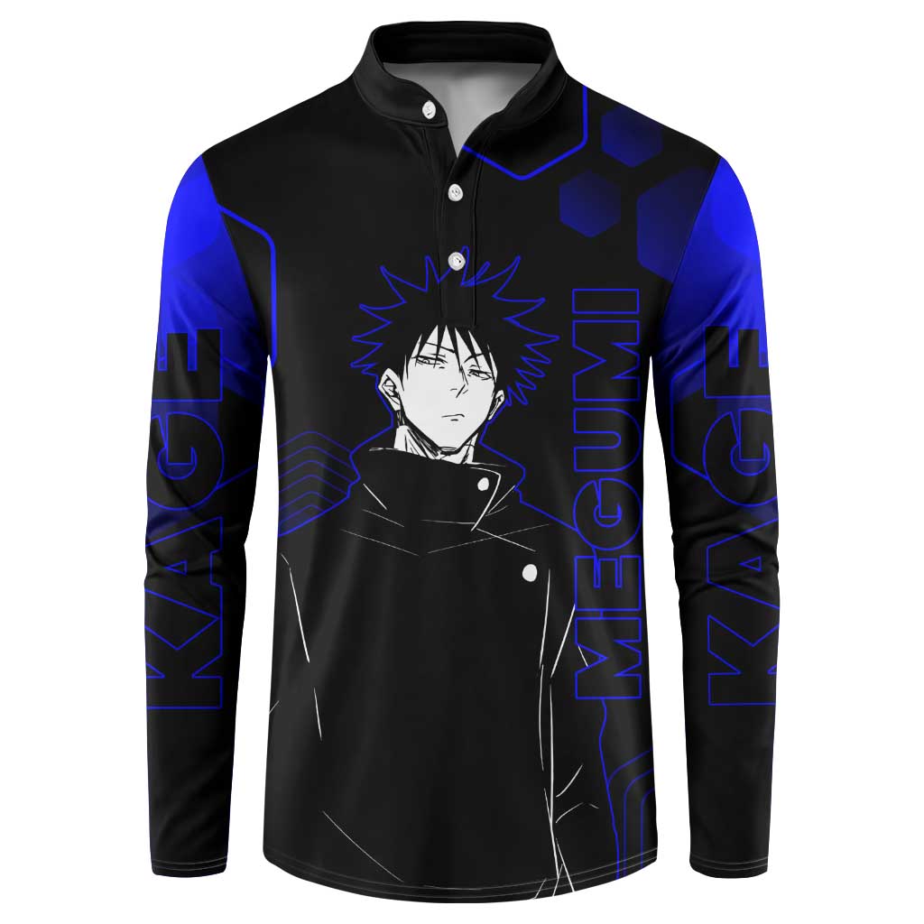 Megumi Fushiguro Jujutsu Kaisen Blue Hexagon Design Button Sweatshirt with Shadow Techniques and Manga Style Art - The Mazicc