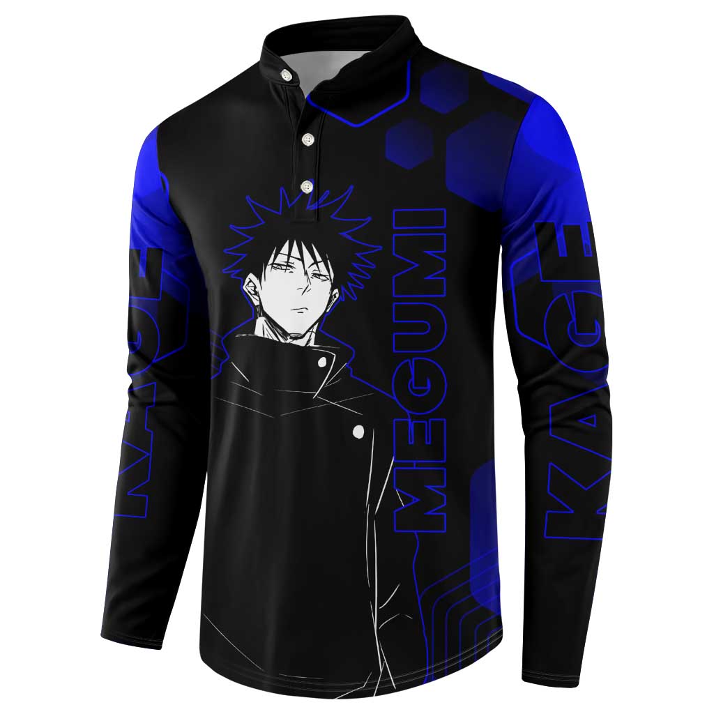 Megumi Fushiguro Jujutsu Kaisen Blue Hexagon Design Button Sweatshirt with Shadow Techniques and Manga Style Art - The Mazicc