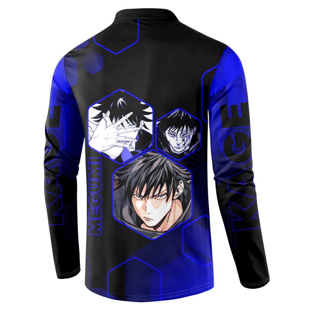 Megumi Fushiguro Jujutsu Kaisen Blue Hexagon Design Button Sweatshirt with Shadow Techniques and Manga Style Art - The Mazicc