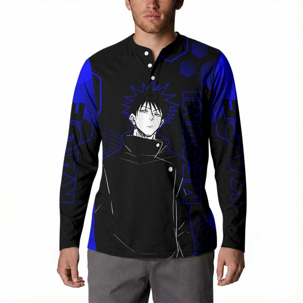Megumi Fushiguro Jujutsu Kaisen Blue Hexagon Design Button Sweatshirt with Shadow Techniques and Manga Style Art - The Mazicc