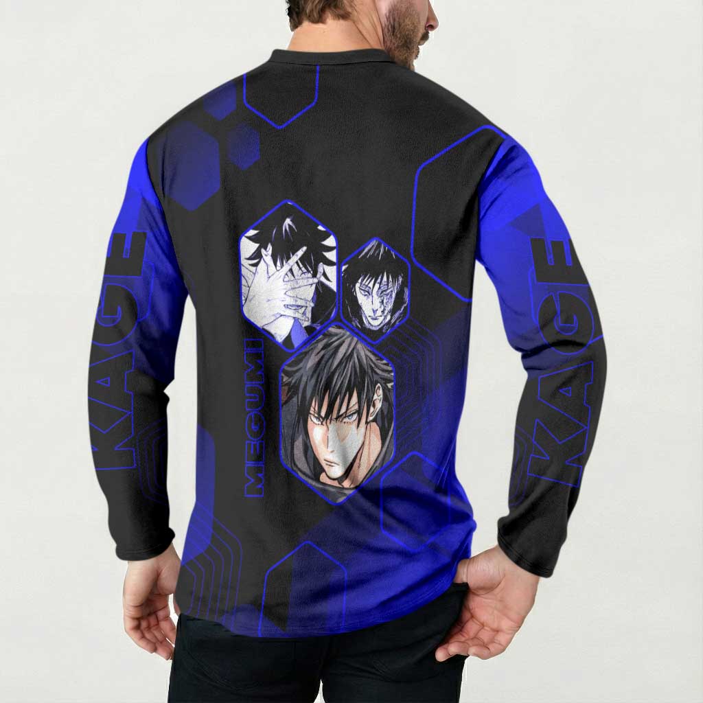 Megumi Fushiguro Jujutsu Kaisen Blue Hexagon Design Button Sweatshirt with Shadow Techniques and Manga Style Art - The Mazicc
