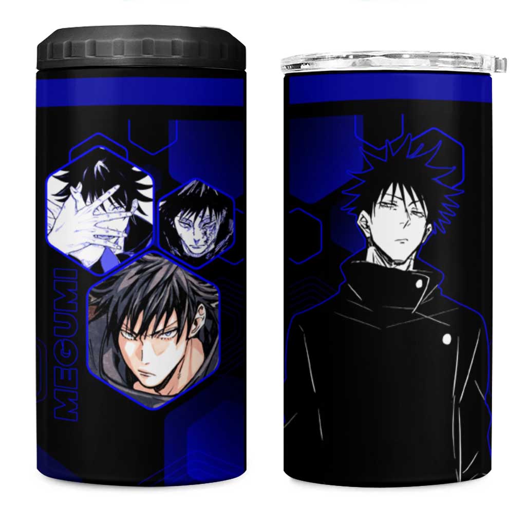 Megumi Fushiguro Jujutsu Kaisen Blue Hexagon Design 4 in 1 Can Cooler Tumbler with Shadow Techniques and Manga Style Art - The Mazicc