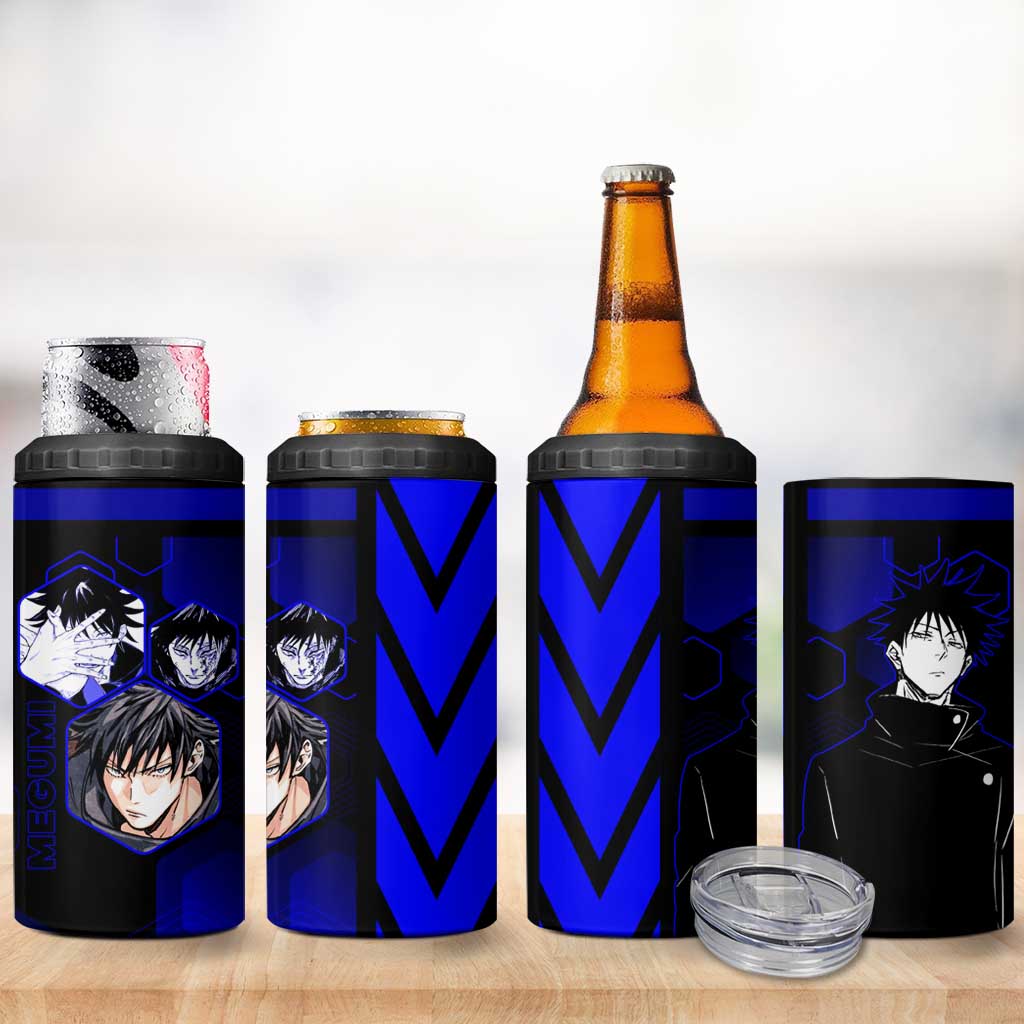 Megumi Fushiguro Jujutsu Kaisen Blue Hexagon Design 4 in 1 Can Cooler Tumbler with Shadow Techniques and Manga Style Art - The Mazicc