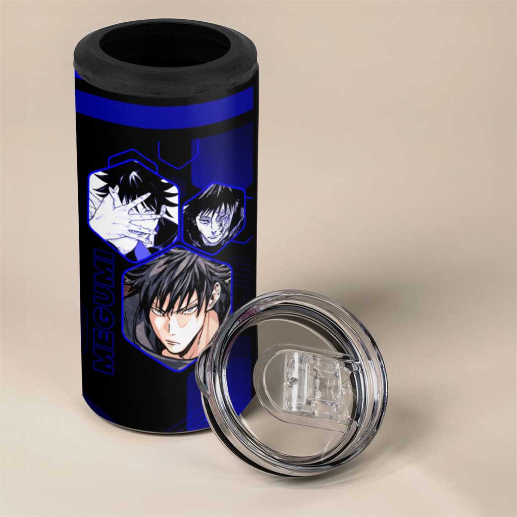 Megumi Fushiguro Jujutsu Kaisen Blue Hexagon Design 4 in 1 Can Cooler Tumbler with Shadow Techniques and Manga Style Art - The Mazicc