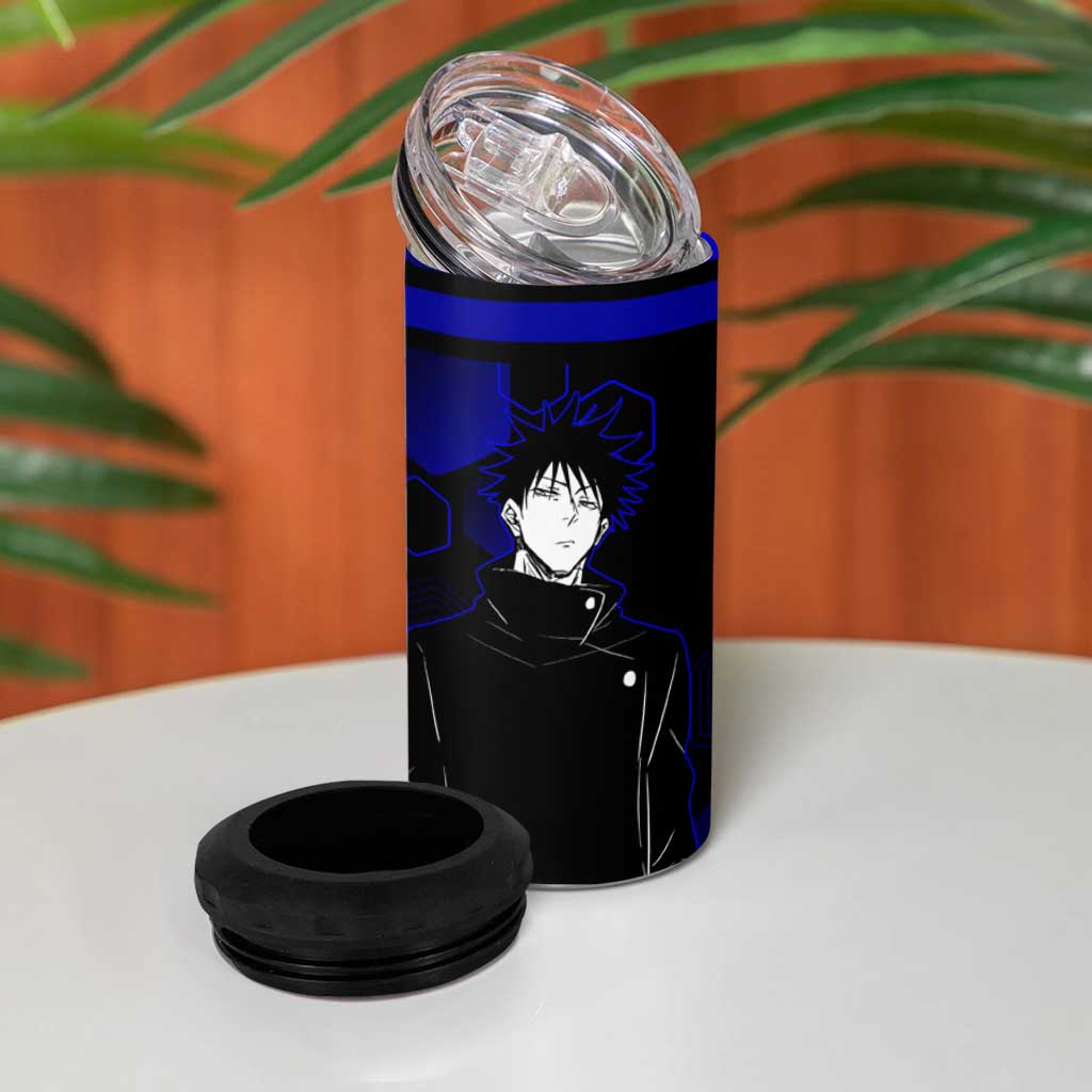 Megumi Fushiguro Jujutsu Kaisen Blue Hexagon Design 4 in 1 Can Cooler Tumbler with Shadow Techniques and Manga Style Art - The Mazicc