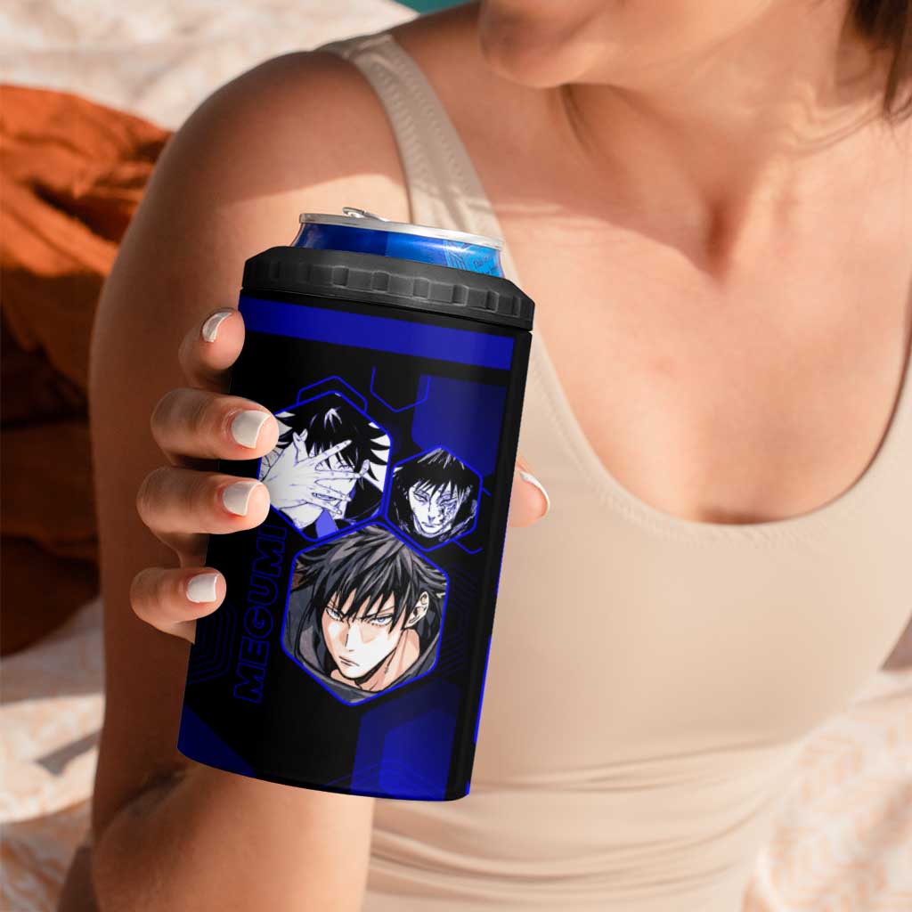 Megumi Fushiguro Jujutsu Kaisen Blue Hexagon Design 4 in 1 Can Cooler Tumbler with Shadow Techniques and Manga Style Art - The Mazicc